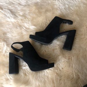 Fergie Black Suede Open-Toe Block Heel Sandals
